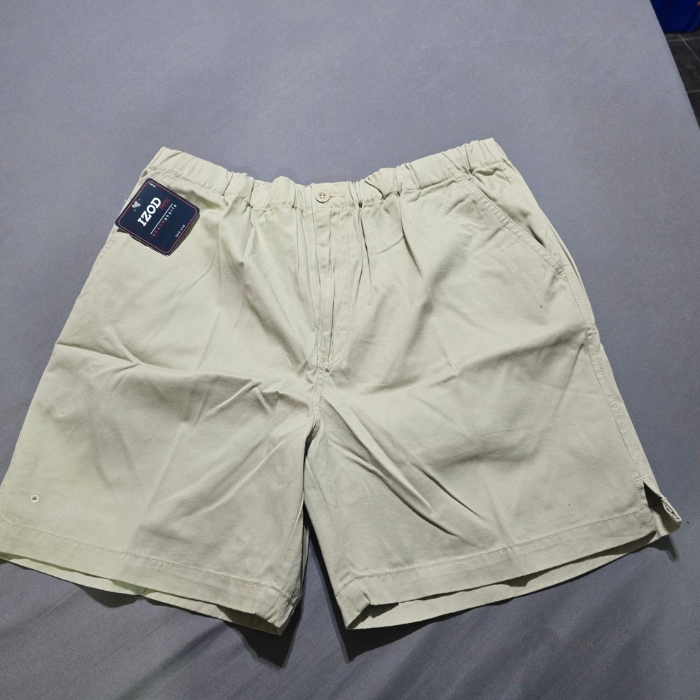 new Izod pfx Beach Shorts Mens Large Khaki Tan Cotton Elastic Waist Casual